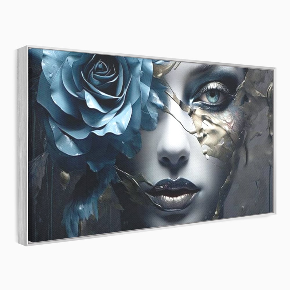 Tablou Canvas Premium, LuxCanva® G1202, Chip in Reconstructie, Cicatrici, Auriu, Albastru, Trandafir, Chip, Metamorfoza, Imposibil, Fisura, Poezie, Emotie, Gotic, Birou, Living, Dormitor