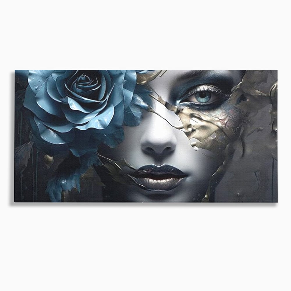 Tablou Canvas Premium, LuxCanva® G1202, Chip in Reconstructie, Cicatrici, Auriu, Albastru, Trandafir, Chip, Metamorfoza, Imposibil, Fisura, Poezie, Emotie, Gotic, Birou, Living, Dormitor