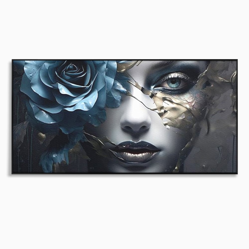 Tablou Canvas Premium, LuxCanva® G1202, Chip in Reconstructie, Cicatrici, Auriu, Albastru, Trandafir, Chip, Metamorfoza, Imposibil, Fisura, Poezie, Emotie, Gotic, Birou, Living, Dormitor