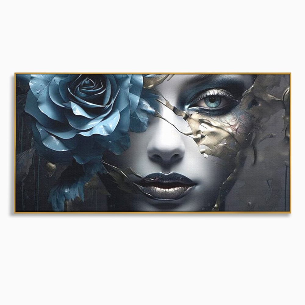Tablou Canvas Premium, LuxCanva® G1202, Chip in Reconstructie, Cicatrici, Auriu, Albastru, Trandafir, Chip, Metamorfoza, Imposibil, Fisura, Poezie, Emotie, Gotic, Birou, Living, Dormitor