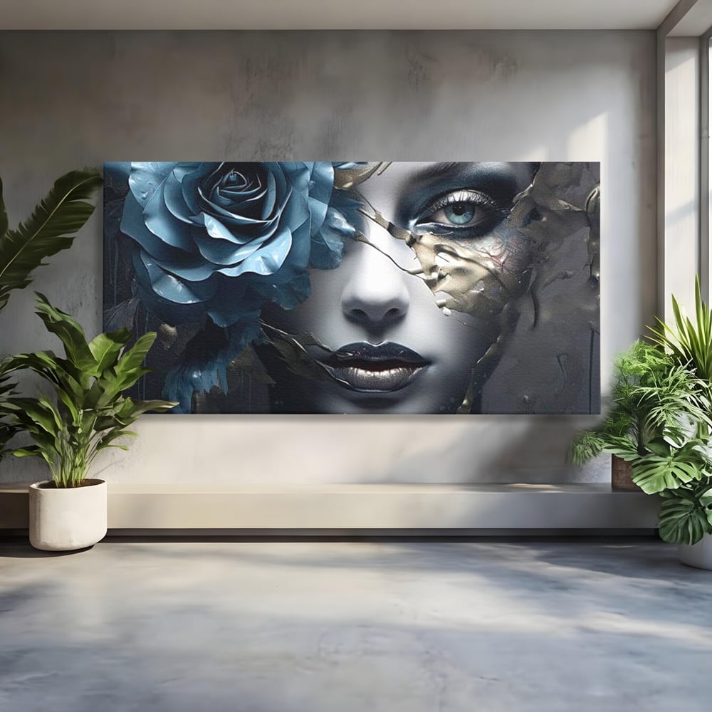 Tablou Canvas Premium, LuxCanva® G1202, Chip in Reconstructie, Cicatrici, Auriu, Albastru, Trandafir, Chip, Metamorfoza, Imposibil, Fisura, Poezie, Emotie, Gotic, Birou, Living, Dormitor
