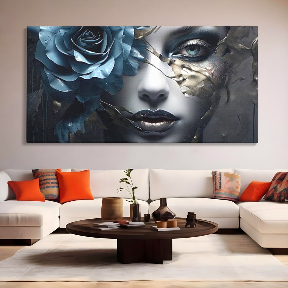 Tablou Canvas Premium, LuxCanva® G1202, Chip in Reconstructie, Cicatrici, Auriu, Albastru, Trandafir, Chip, Metamorfoza, Imposibil, Fisura, Poezie, Emotie, Gotic, Birou, Living, Dormitor