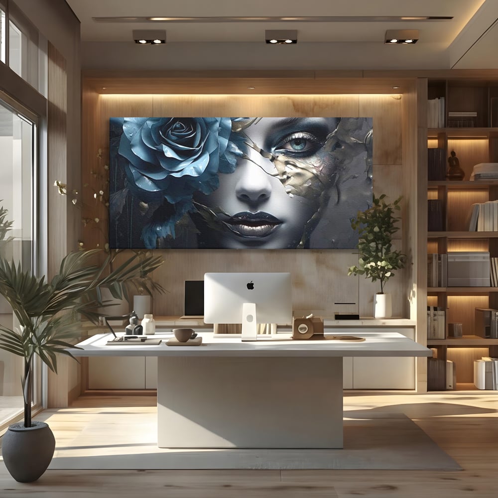 Tablou Canvas Premium, LuxCanva® G1202, Chip in Reconstructie, Cicatrici, Auriu, Albastru, Trandafir, Chip, Metamorfoza, Imposibil, Fisura, Poezie, Emotie, Gotic, Birou, Living, Dormitor