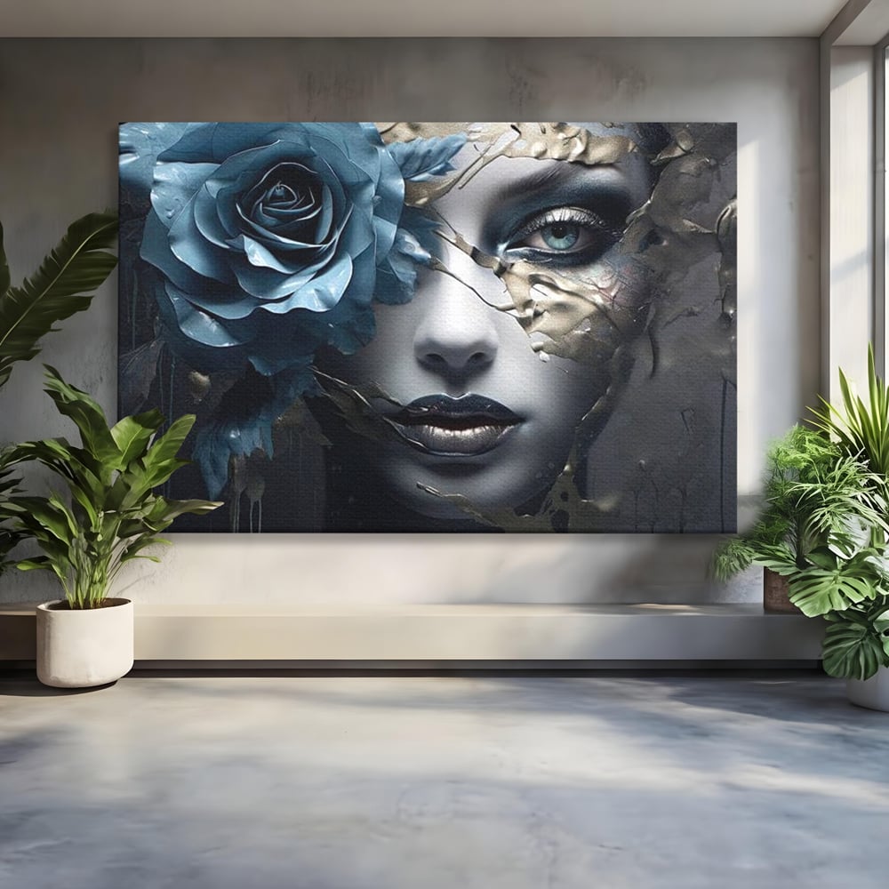 Tablou Canvas Premium, LuxCanva® G1202, Chip in Reconstructie, Cicatrici, Auriu, Albastru, Trandafir, Chip, Metamorfoza, Imposibil, Fisura, Poezie, Emotie, Gotic, Birou, Living, Dormitor