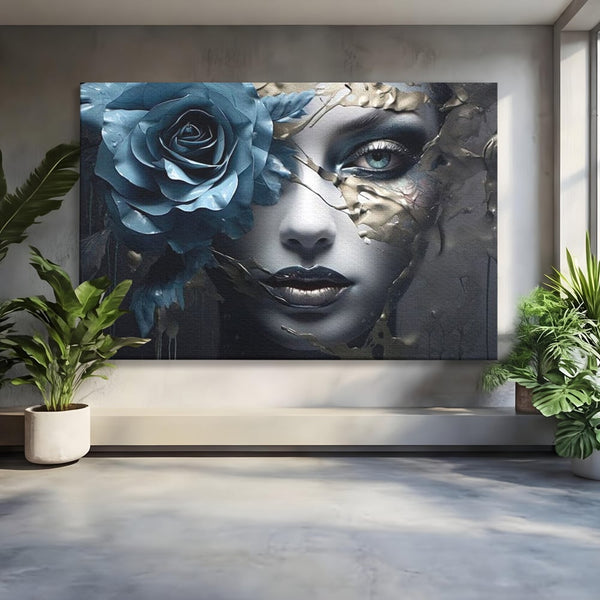 Tablou Canvas Premium, LuxCanva® G1202, Chip in Reconstructie, Cicatrici, Auriu, Albastru, Trandafir, Chip, Metamorfoza, Imposibil, Fisura, Poezie, Emotie, Gotic, Birou, Living, Dormitor