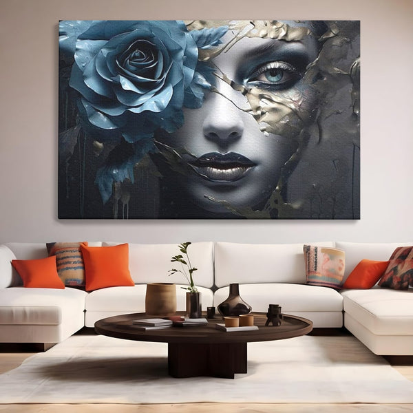 Tablou Canvas Premium, LuxCanva® G1202, Chip in Reconstructie, Cicatrici, Auriu, Albastru, Trandafir, Chip, Metamorfoza, Imposibil, Fisura, Poezie, Emotie, Gotic, Birou, Living, Dormitor