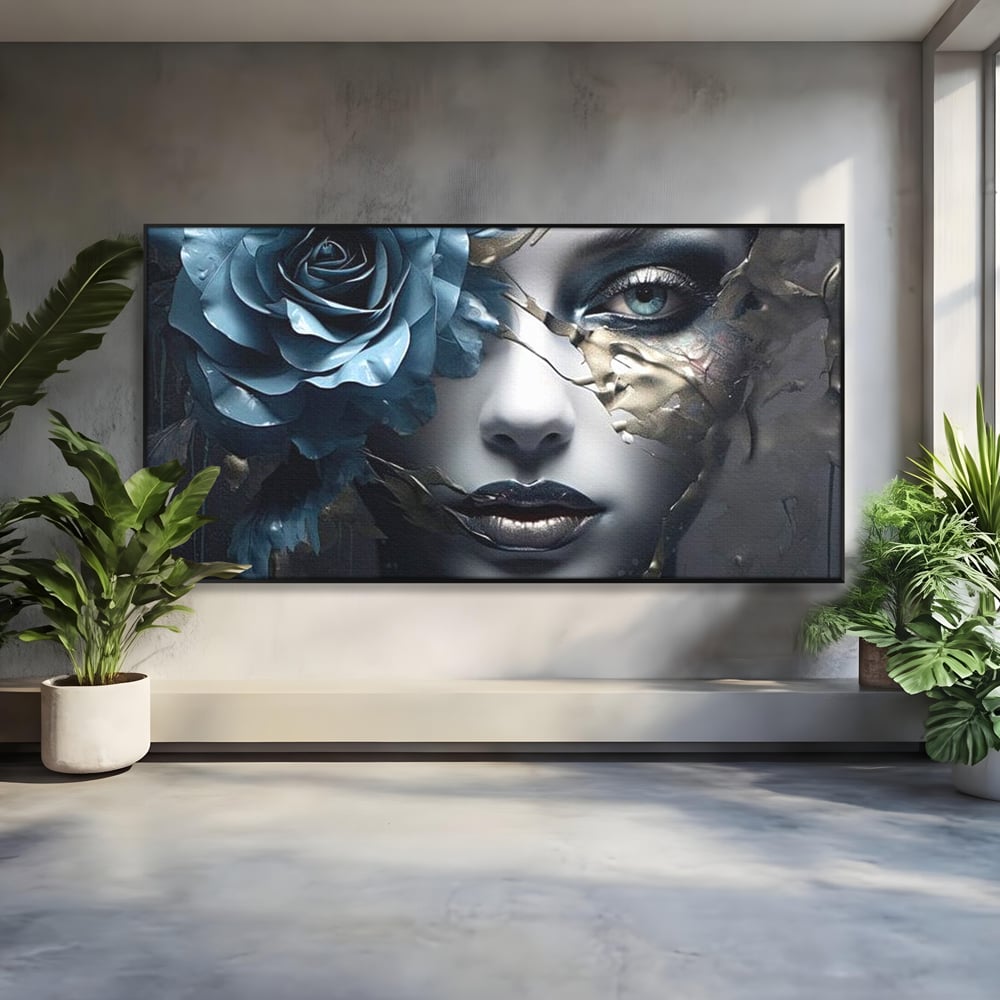 Tablou Canvas Premium, LuxCanva® G1202, Chip in Reconstructie, Cicatrici, Auriu, Albastru, Trandafir, Chip, Metamorfoza, Imposibil, Fisura, Poezie, Emotie, Gotic, Birou, Living, Dormitor