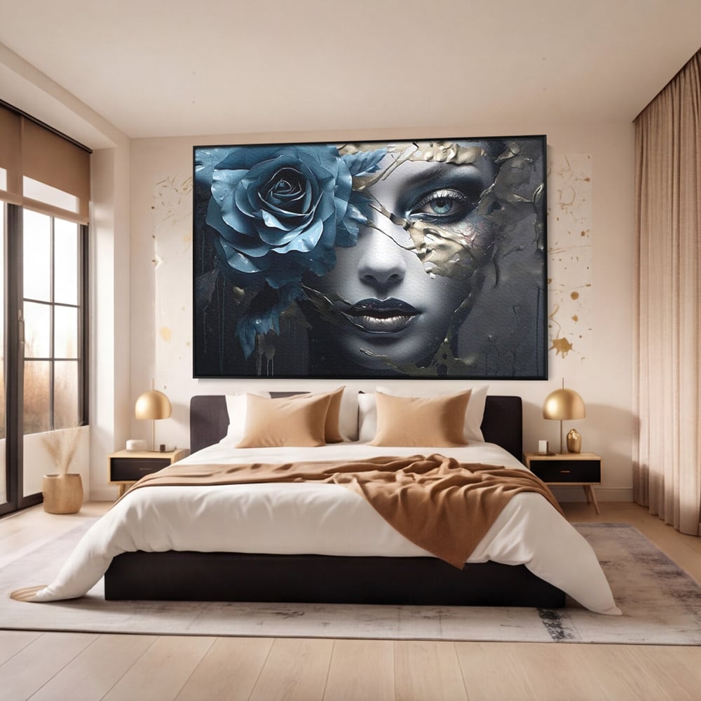 Tablou Canvas Premium, LuxCanva® G1202, Chip in Reconstructie, Cicatrici, Auriu, Albastru, Trandafir, Chip, Metamorfoza, Imposibil, Fisura, Poezie, Emotie, Gotic, Birou, Living, Dormitor
