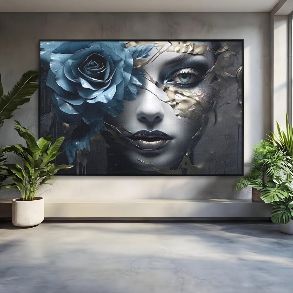 Tablou Canvas Premium, LuxCanva® G1202, Chip in Reconstructie, Cicatrici, Auriu, Albastru, Trandafir, Chip, Metamorfoza, Imposibil, Fisura, Poezie, Emotie, Gotic, Birou, Living, Dormitor