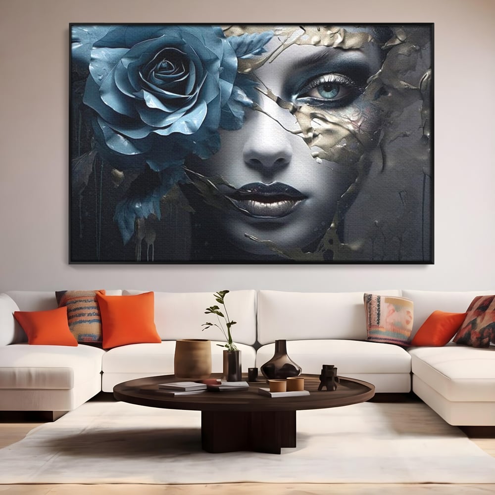 Tablou Canvas Premium, LuxCanva® G1202, Chip in Reconstructie, Cicatrici, Auriu, Albastru, Trandafir, Chip, Metamorfoza, Imposibil, Fisura, Poezie, Emotie, Gotic, Birou, Living, Dormitor
