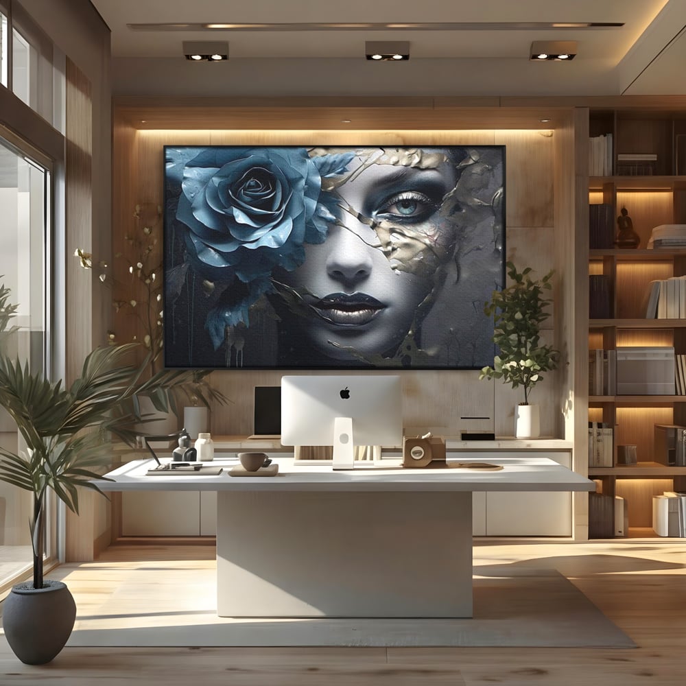 Tablou Canvas Premium, LuxCanva® G1202, Chip in Reconstructie, Cicatrici, Auriu, Albastru, Trandafir, Chip, Metamorfoza, Imposibil, Fisura, Poezie, Emotie, Gotic, Birou, Living, Dormitor