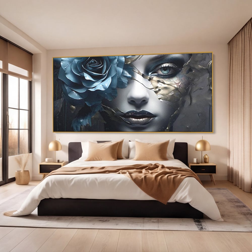 Tablou Canvas Premium, LuxCanva® G1202, Chip in Reconstructie, Cicatrici, Auriu, Albastru, Trandafir, Chip, Metamorfoza, Imposibil, Fisura, Poezie, Emotie, Gotic, Birou, Living, Dormitor