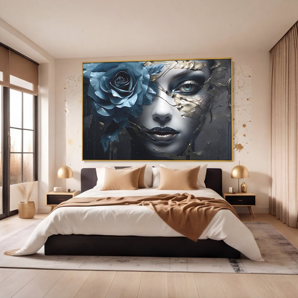 Tablou Canvas Premium, LuxCanva® G1202, Chip in Reconstructie, Cicatrici, Auriu, Albastru, Trandafir, Chip, Metamorfoza, Imposibil, Fisura, Poezie, Emotie, Gotic, Birou, Living, Dormitor