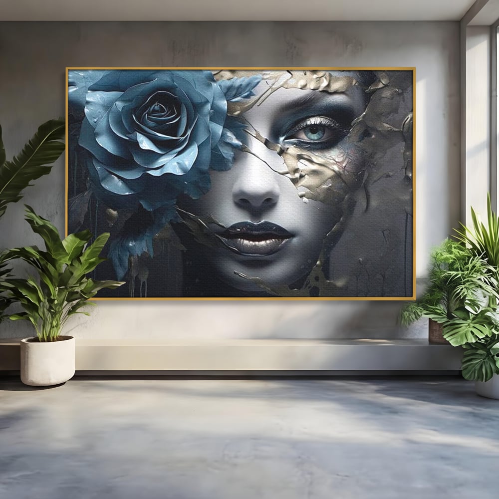 Tablou Canvas Premium, LuxCanva® G1202, Chip in Reconstructie, Cicatrici, Auriu, Albastru, Trandafir, Chip, Metamorfoza, Imposibil, Fisura, Poezie, Emotie, Gotic, Birou, Living, Dormitor
