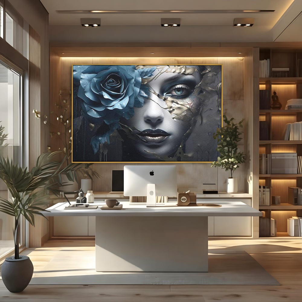 Tablou Canvas Premium, LuxCanva® G1202, Chip in Reconstructie, Cicatrici, Auriu, Albastru, Trandafir, Chip, Metamorfoza, Imposibil, Fisura, Poezie, Emotie, Gotic, Birou, Living, Dormitor