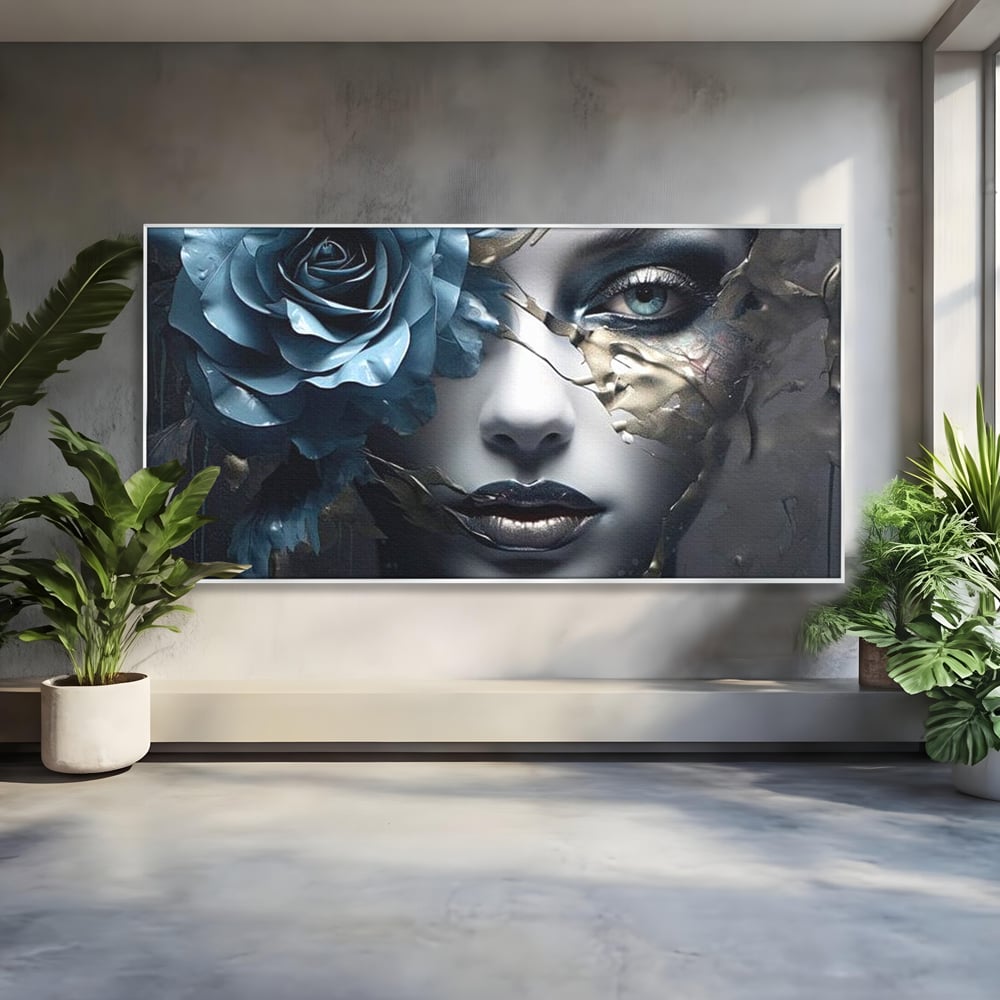 Tablou Canvas Premium, LuxCanva® G1202, Chip in Reconstructie, Cicatrici, Auriu, Albastru, Trandafir, Chip, Metamorfoza, Imposibil, Fisura, Poezie, Emotie, Gotic, Birou, Living, Dormitor