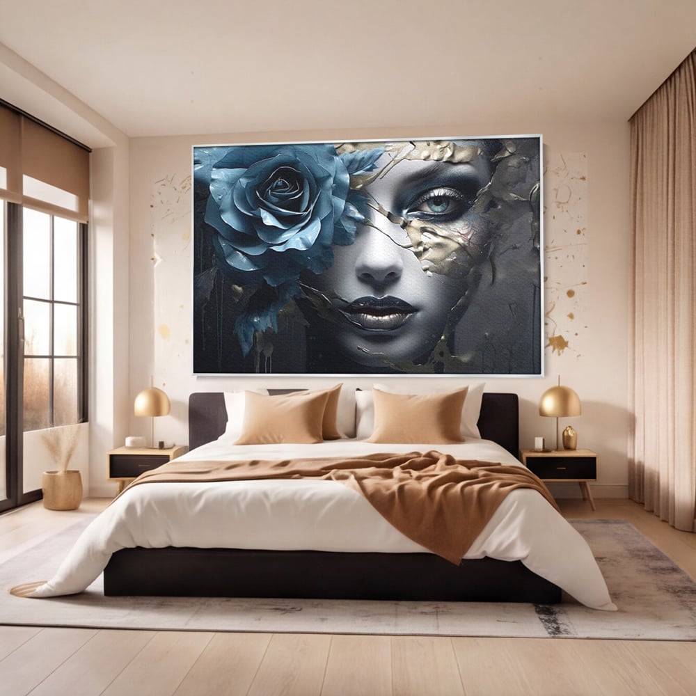 Tablou Canvas Premium, LuxCanva® G1202, Chip in Reconstructie, Cicatrici, Auriu, Albastru, Trandafir, Chip, Metamorfoza, Imposibil, Fisura, Poezie, Emotie, Gotic, Birou, Living, Dormitor