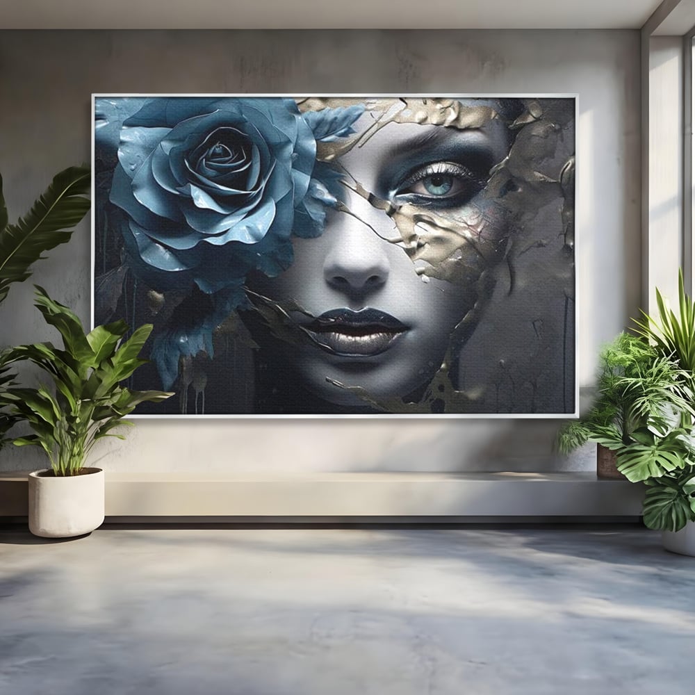 Tablou Canvas Premium, LuxCanva® G1202, Chip in Reconstructie, Cicatrici, Auriu, Albastru, Trandafir, Chip, Metamorfoza, Imposibil, Fisura, Poezie, Emotie, Gotic, Birou, Living, Dormitor