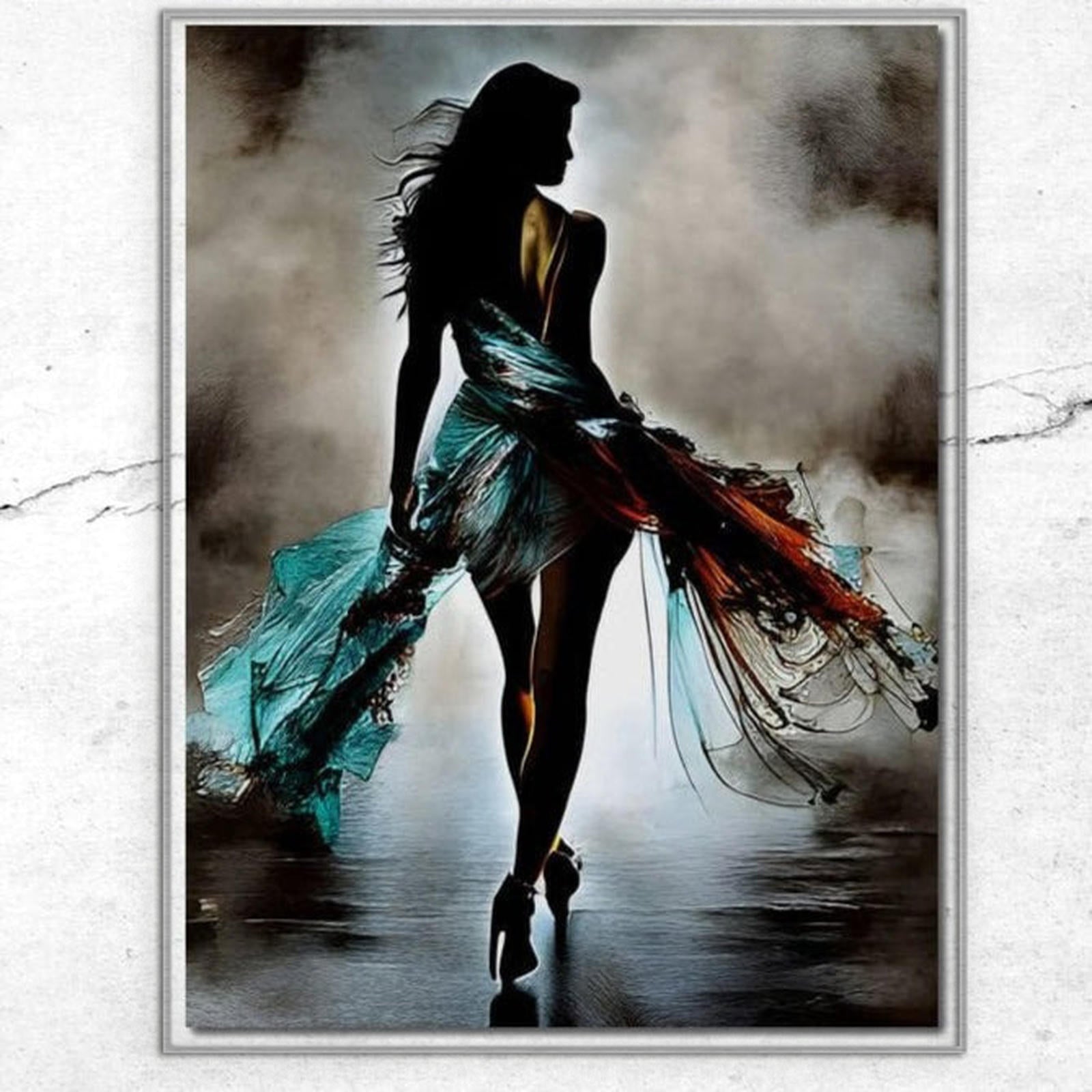 Leinwand Premium Canvas Wandkunst, LuxCanva® G1205, Schritte über Spiegel, Silhouette, Pdium, Mode, Mannequin, verträumt, Kleid, Schleier, fließend, Reflexionen, landschaftlich, Schritte, Absätze, Büro, Wohnen, Schlafzimmer