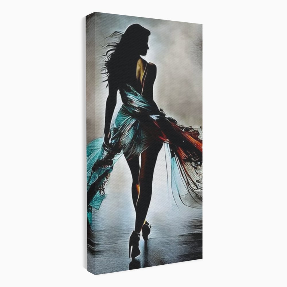 Tablou Canvas Premium, LuxCanva® G1205, Pasi peste Oglinda, Silueta, Pdium, Moda, Manechin, Oniric, Rochie, Voal, Fluiditate, Reflexii, Scenic, Pasi, Tocuri, Birou, Living, Dormitor