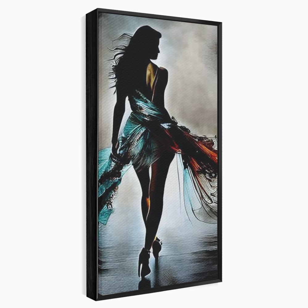 Tablou Canvas Premium, LuxCanva® G1205, Pasi peste Oglinda, Silueta, Pdium, Moda, Manechin, Oniric, Rochie, Voal, Fluiditate, Reflexii, Scenic, Pasi, Tocuri, Birou, Living, Dormitor