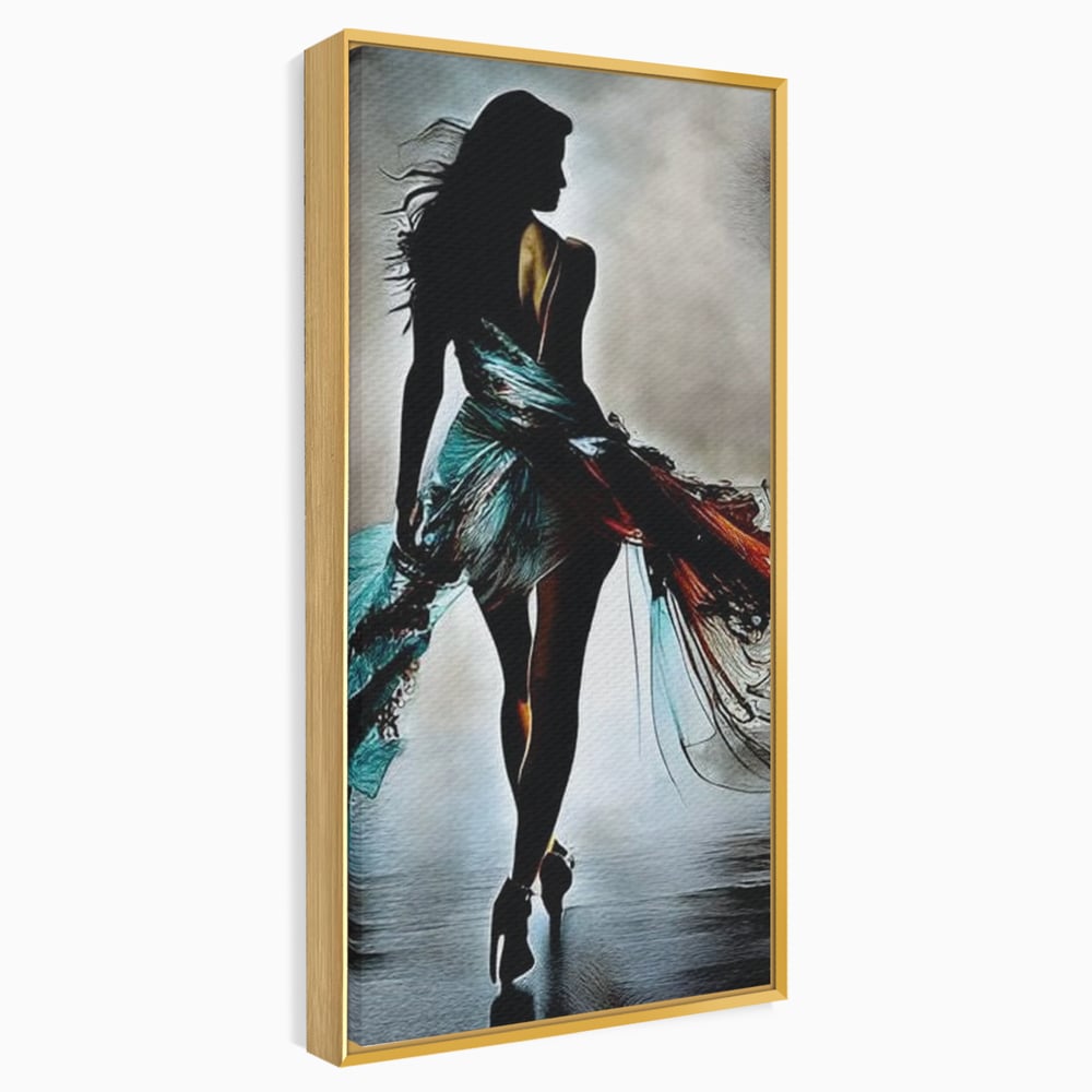 Tablou Canvas Premium, LuxCanva® G1205, Pasi peste Oglinda, Silueta, Pdium, Moda, Manechin, Oniric, Rochie, Voal, Fluiditate, Reflexii, Scenic, Pasi, Tocuri, Birou, Living, Dormitor