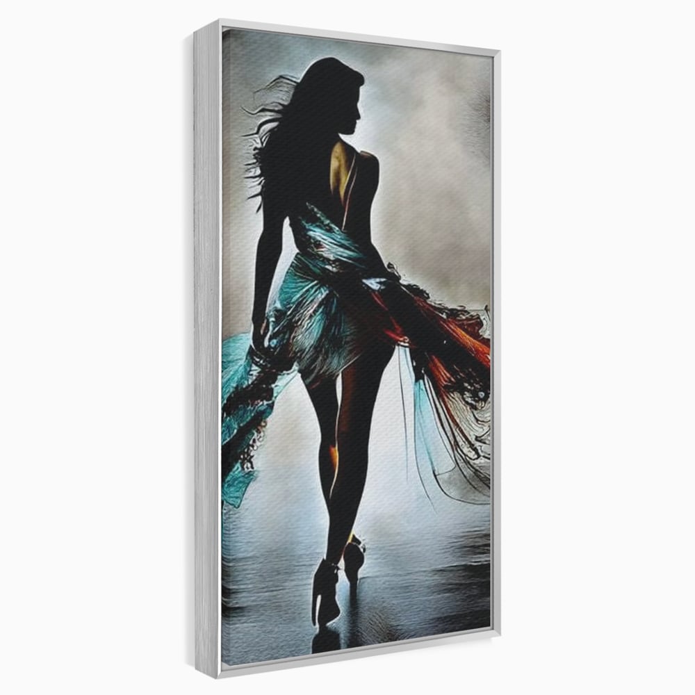 Tablou Canvas Premium, LuxCanva® G1205, Pasi peste Oglinda, Silueta, Pdium, Moda, Manechin, Oniric, Rochie, Voal, Fluiditate, Reflexii, Scenic, Pasi, Tocuri, Birou, Living, Dormitor