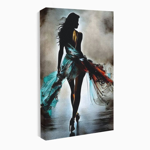 Tablou Canvas Premium, LuxCanva® G1205, Pasi peste Oglinda, Silueta, Pdium, Moda, Manechin, Oniric, Rochie, Voal, Fluiditate, Reflexii, Scenic, Pasi, Tocuri, Birou, Living, Dormitor