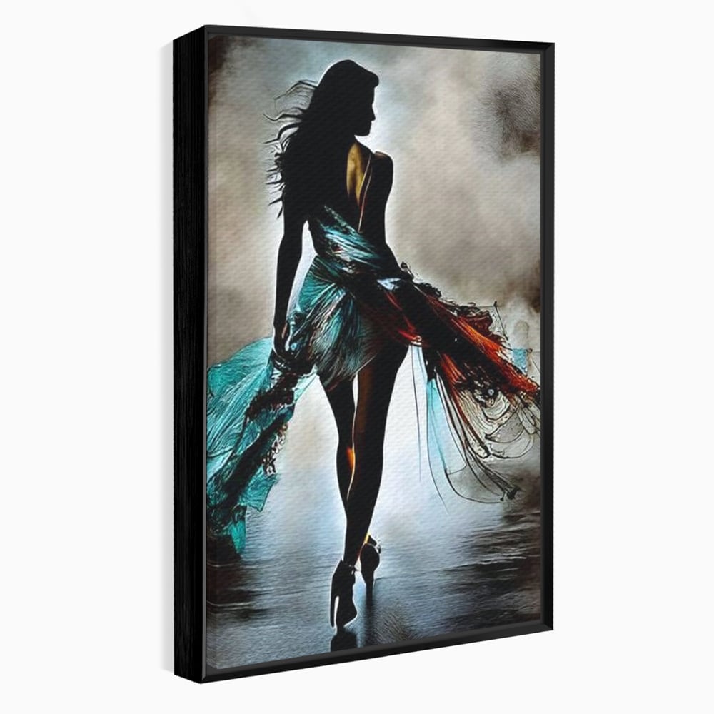 Tablou Canvas Premium, LuxCanva® G1205, Pasi peste Oglinda, Silueta, Pdium, Moda, Manechin, Oniric, Rochie, Voal, Fluiditate, Reflexii, Scenic, Pasi, Tocuri, Birou, Living, Dormitor