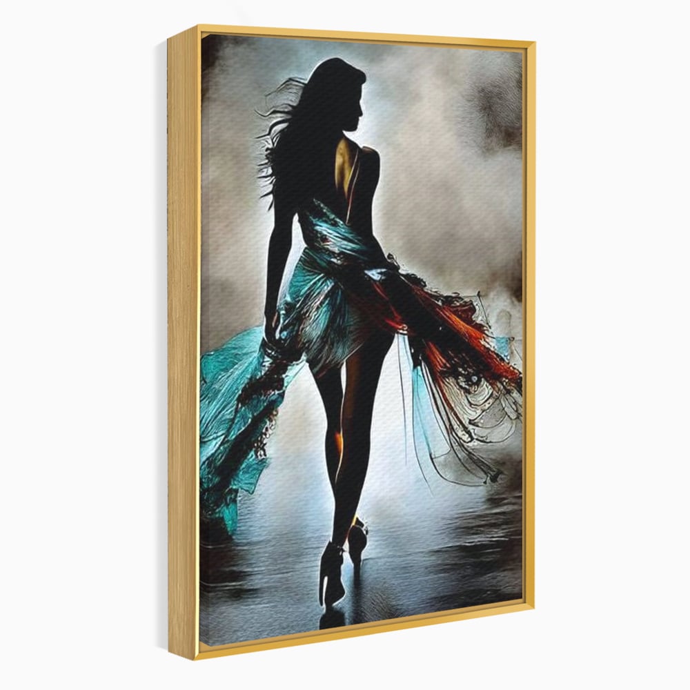 Tablou Canvas Premium, LuxCanva® G1205, Pasi peste Oglinda, Silueta, Pdium, Moda, Manechin, Oniric, Rochie, Voal, Fluiditate, Reflexii, Scenic, Pasi, Tocuri, Birou, Living, Dormitor