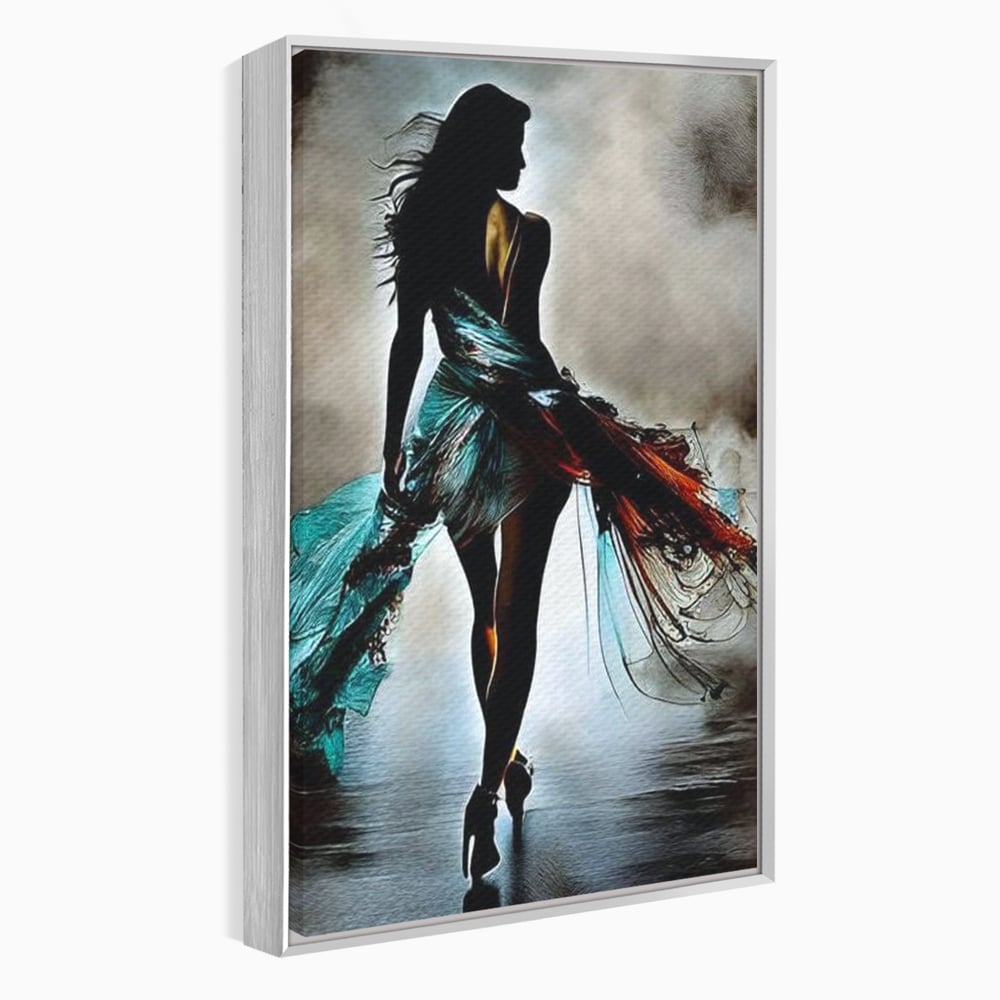 Tablou Canvas Premium, LuxCanva® G1205, Pasi peste Oglinda, Silueta, Pdium, Moda, Manechin, Oniric, Rochie, Voal, Fluiditate, Reflexii, Scenic, Pasi, Tocuri, Birou, Living, Dormitor