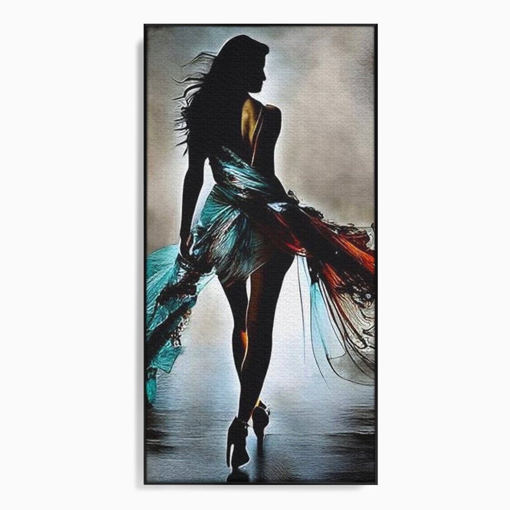 Tablou Canvas Premium, LuxCanva® G1205, Pasi peste Oglinda, Silueta, Pdium, Moda, Manechin, Oniric, Rochie, Voal, Fluiditate, Reflexii, Scenic, Pasi, Tocuri, Birou, Living, Dormitor