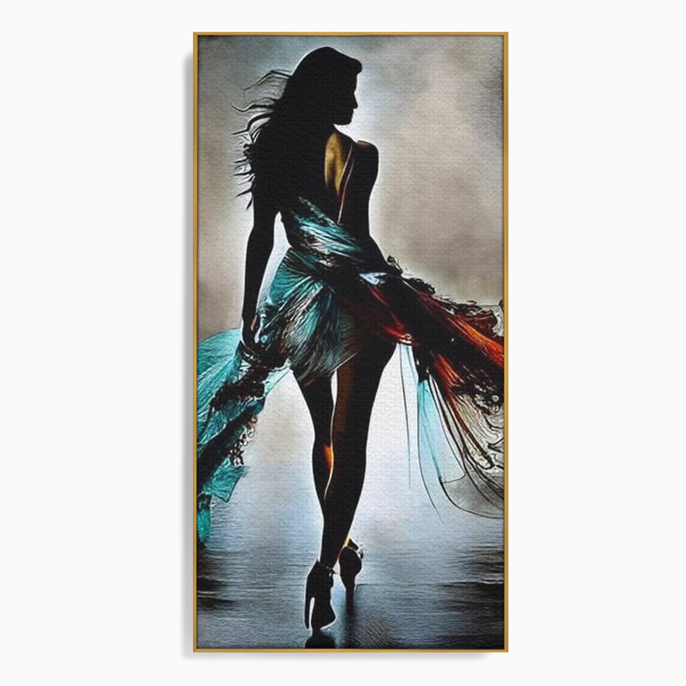 Tablou Canvas Premium, LuxCanva® G1205, Pasi peste Oglinda, Silueta, Pdium, Moda, Manechin, Oniric, Rochie, Voal, Fluiditate, Reflexii, Scenic, Pasi, Tocuri, Birou, Living, Dormitor