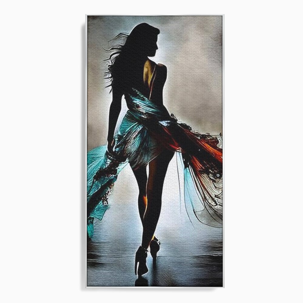 Tablou Canvas Premium, LuxCanva® G1205, Pasi peste Oglinda, Silueta, Pdium, Moda, Manechin, Oniric, Rochie, Voal, Fluiditate, Reflexii, Scenic, Pasi, Tocuri, Birou, Living, Dormitor