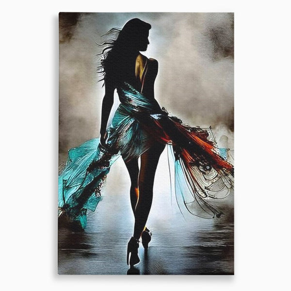 Tablou Canvas Premium, LuxCanva® G1205, Pasi peste Oglinda, Silueta, Pdium, Moda, Manechin, Oniric, Rochie, Voal, Fluiditate, Reflexii, Scenic, Pasi, Tocuri, Birou, Living, Dormitor