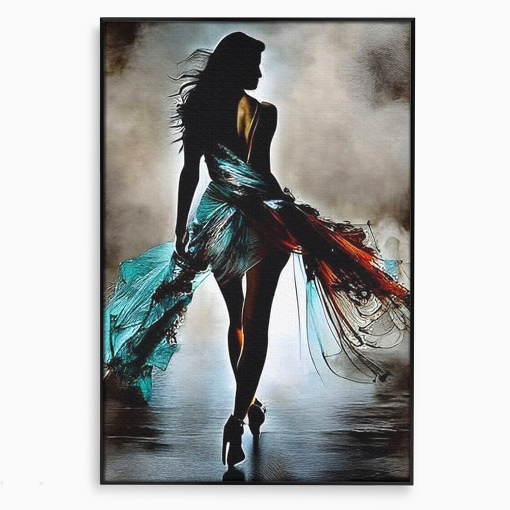Tablou Canvas Premium, LuxCanva® G1205, Pasi peste Oglinda, Silueta, Pdium, Moda, Manechin, Oniric, Rochie, Voal, Fluiditate, Reflexii, Scenic, Pasi, Tocuri, Birou, Living, Dormitor