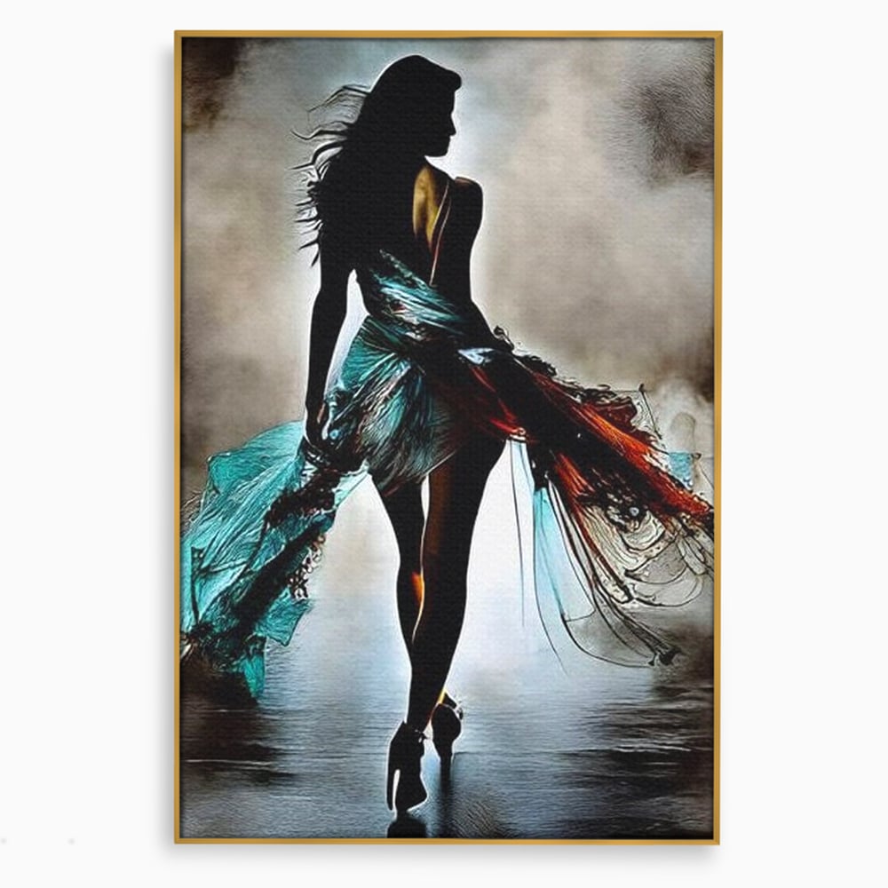 Tablou Canvas Premium, LuxCanva® G1205, Pasi peste Oglinda, Silueta, Pdium, Moda, Manechin, Oniric, Rochie, Voal, Fluiditate, Reflexii, Scenic, Pasi, Tocuri, Birou, Living, Dormitor