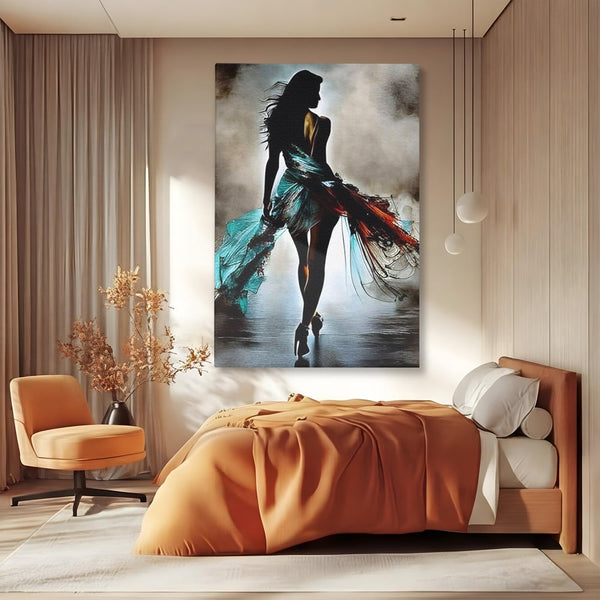 Tablou Canvas Premium, LuxCanva® G1205, Pasi peste Oglinda, Silueta, Pdium, Moda, Manechin, Oniric, Rochie, Voal, Fluiditate, Reflexii, Scenic, Pasi, Tocuri, Birou, Living, Dormitor