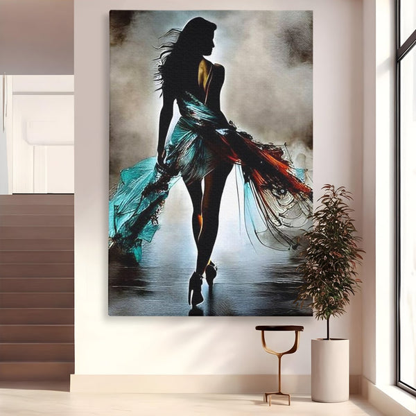 Tablou Canvas Premium, LuxCanva® G1205, Pasi peste Oglinda, Silueta, Pdium, Moda, Manechin, Oniric, Rochie, Voal, Fluiditate, Reflexii, Scenic, Pasi, Tocuri, Birou, Living, Dormitor