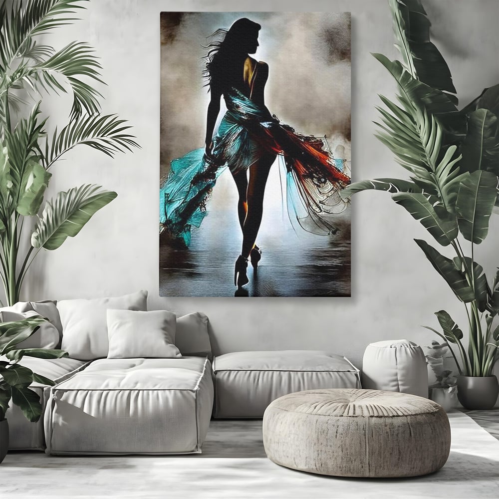 Tablou Canvas Premium, LuxCanva® G1205, Pasi peste Oglinda, Silueta, Pdium, Moda, Manechin, Oniric, Rochie, Voal, Fluiditate, Reflexii, Scenic, Pasi, Tocuri, Birou, Living, Dormitor