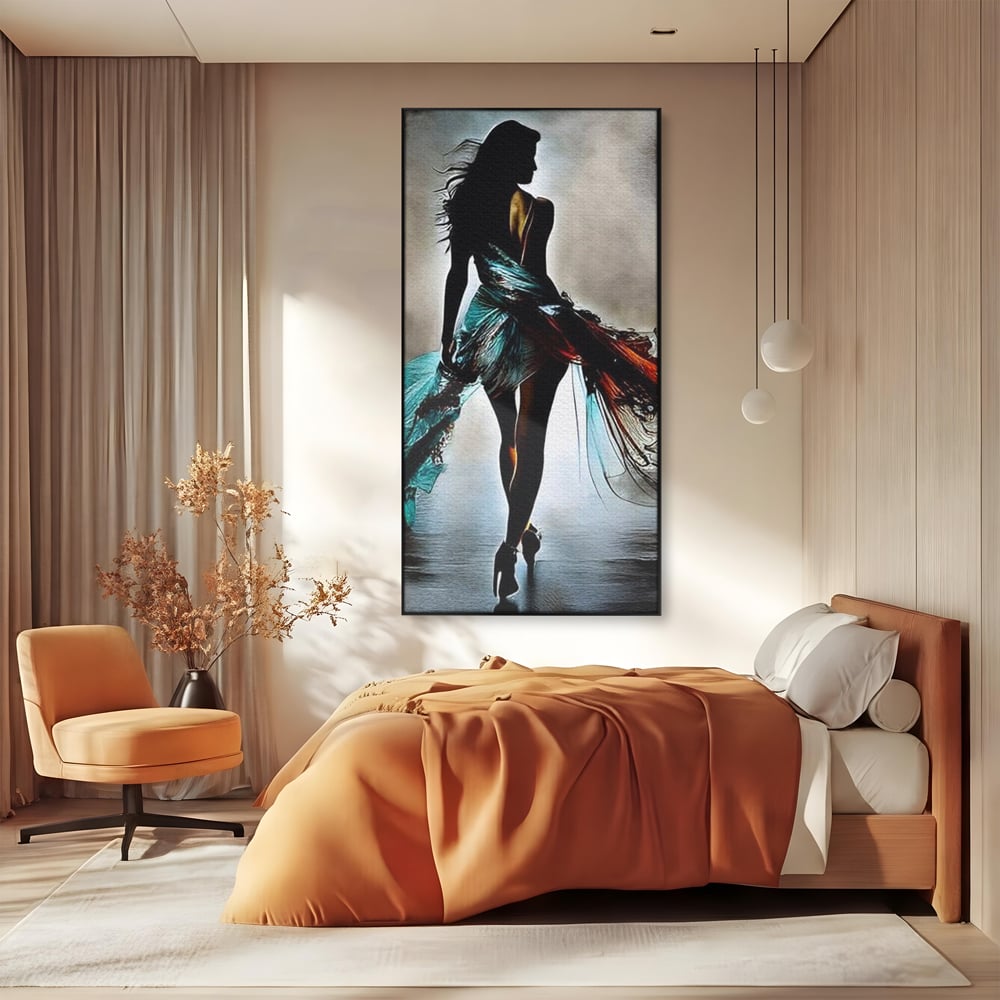 Tablou Canvas Premium, LuxCanva® G1205, Pasi peste Oglinda, Silueta, Pdium, Moda, Manechin, Oniric, Rochie, Voal, Fluiditate, Reflexii, Scenic, Pasi, Tocuri, Birou, Living, Dormitor
