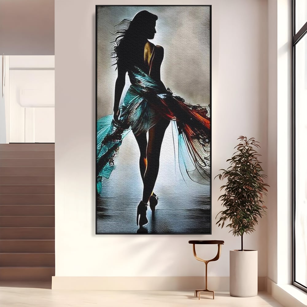 Tablou Canvas Premium, LuxCanva® G1205, Pasi peste Oglinda, Silueta, Pdium, Moda, Manechin, Oniric, Rochie, Voal, Fluiditate, Reflexii, Scenic, Pasi, Tocuri, Birou, Living, Dormitor