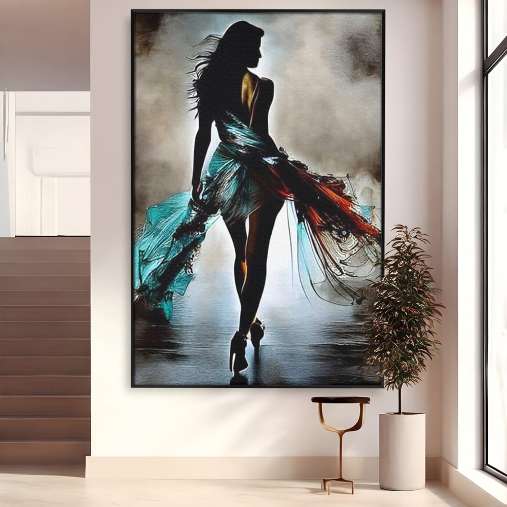 Tablou Canvas Premium, LuxCanva® G1205, Pasi peste Oglinda, Silueta, Pdium, Moda, Manechin, Oniric, Rochie, Voal, Fluiditate, Reflexii, Scenic, Pasi, Tocuri, Birou, Living, Dormitor