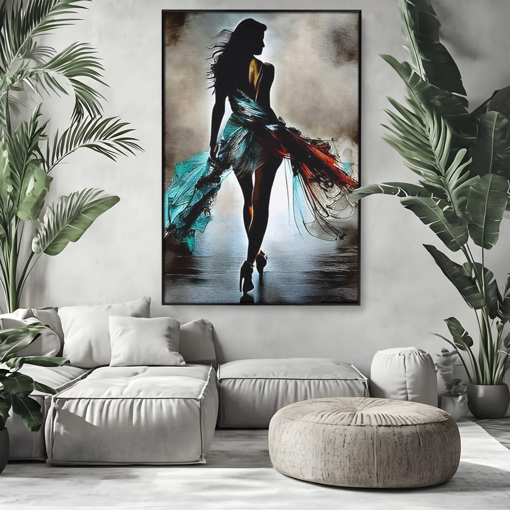 Tablou Canvas Premium, LuxCanva® G1205, Pasi peste Oglinda, Silueta, Pdium, Moda, Manechin, Oniric, Rochie, Voal, Fluiditate, Reflexii, Scenic, Pasi, Tocuri, Birou, Living, Dormitor