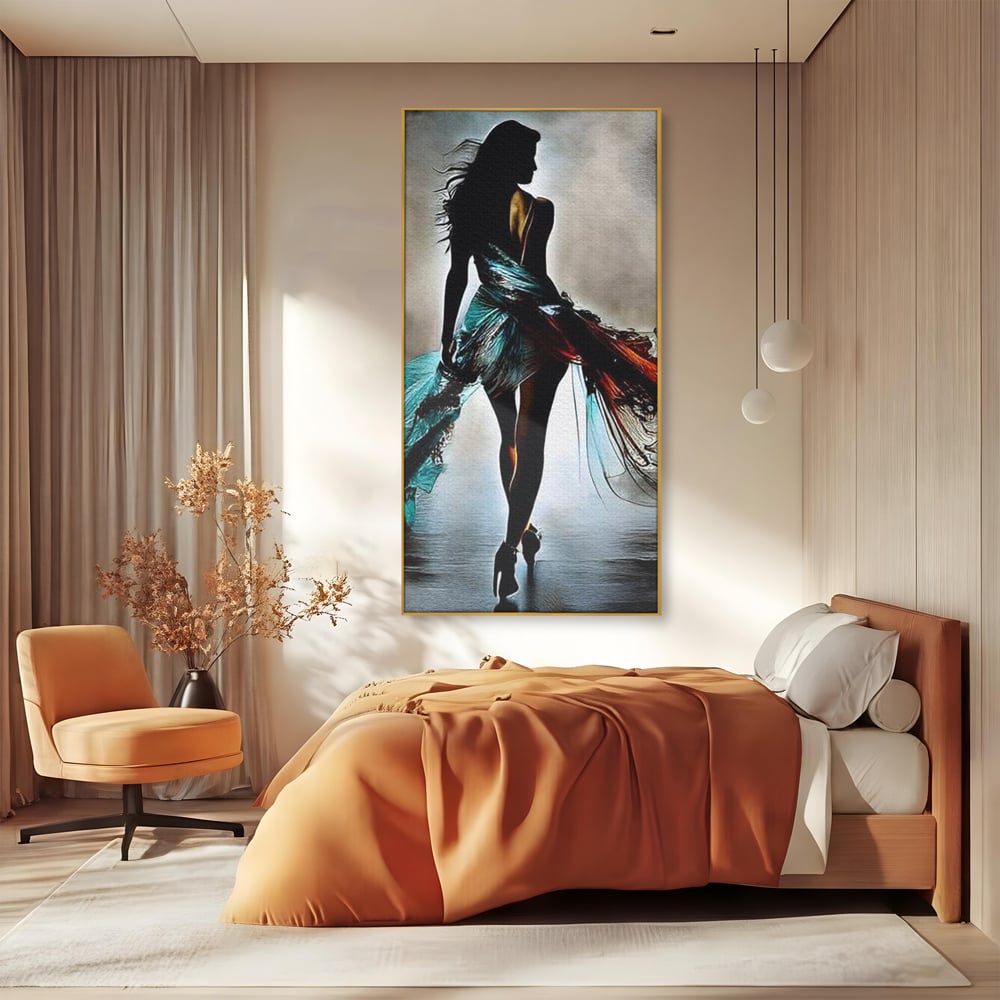 Tablou Canvas Premium, LuxCanva® G1205, Pasi peste Oglinda, Silueta, Pdium, Moda, Manechin, Oniric, Rochie, Voal, Fluiditate, Reflexii, Scenic, Pasi, Tocuri, Birou, Living, Dormitor
