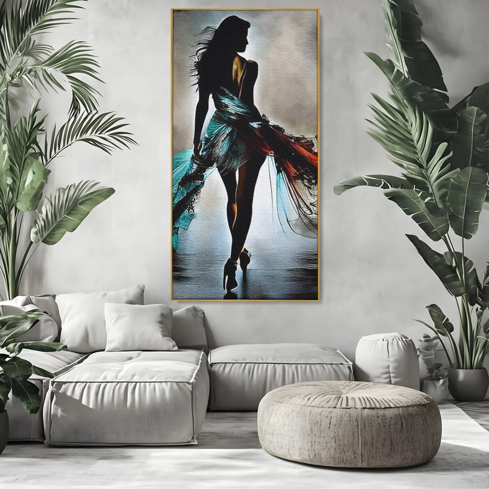 Tablou Canvas Premium, LuxCanva® G1205, Pasi peste Oglinda, Silueta, Pdium, Moda, Manechin, Oniric, Rochie, Voal, Fluiditate, Reflexii, Scenic, Pasi, Tocuri, Birou, Living, Dormitor