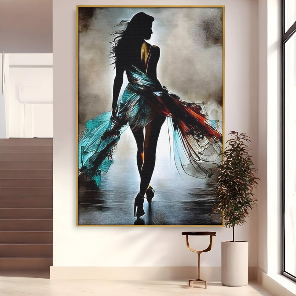 Tablou Canvas Premium, LuxCanva® G1205, Pasi peste Oglinda, Silueta, Pdium, Moda, Manechin, Oniric, Rochie, Voal, Fluiditate, Reflexii, Scenic, Pasi, Tocuri, Birou, Living, Dormitor