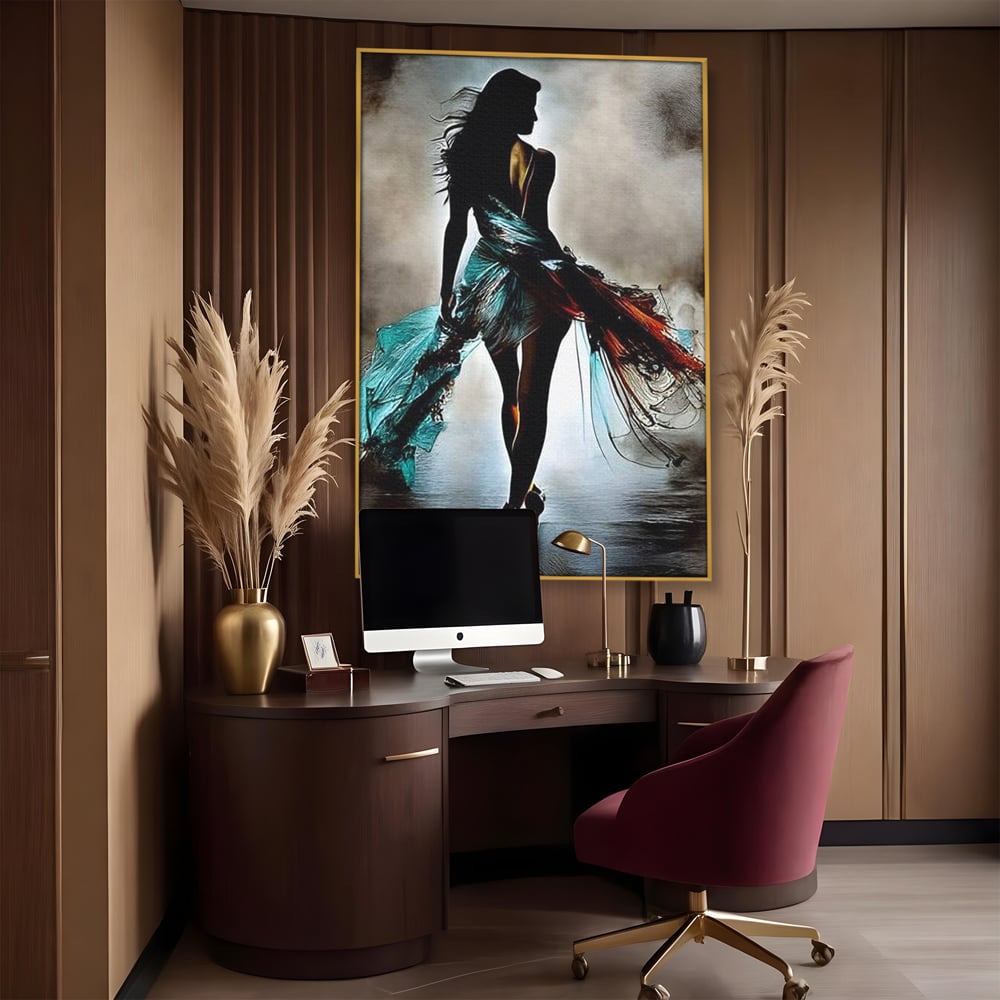 Tablou Canvas Premium, LuxCanva® G1205, Pasi peste Oglinda, Silueta, Pdium, Moda, Manechin, Oniric, Rochie, Voal, Fluiditate, Reflexii, Scenic, Pasi, Tocuri, Birou, Living, Dormitor