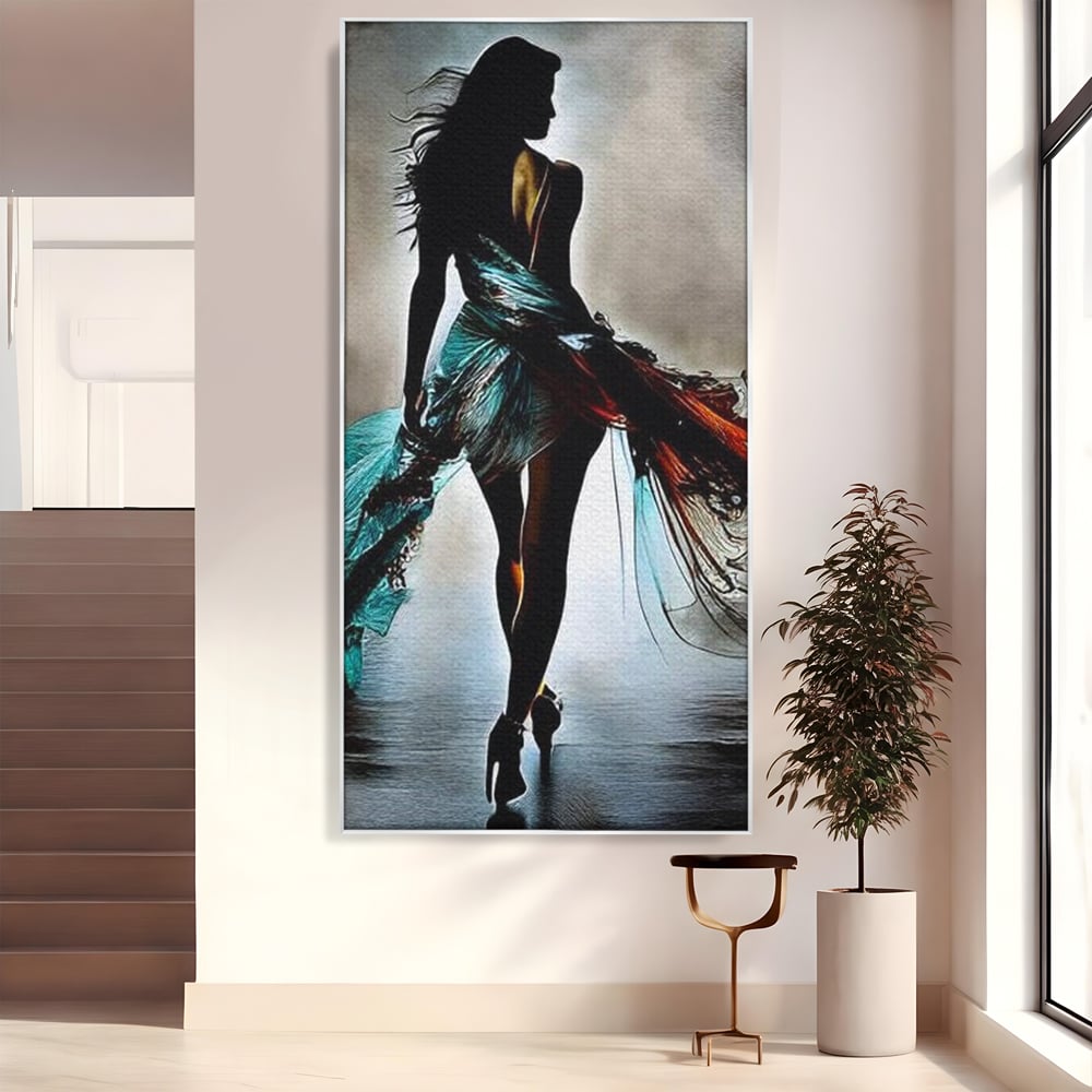 Tablou Canvas Premium, LuxCanva® G1205, Pasi peste Oglinda, Silueta, Pdium, Moda, Manechin, Oniric, Rochie, Voal, Fluiditate, Reflexii, Scenic, Pasi, Tocuri, Birou, Living, Dormitor