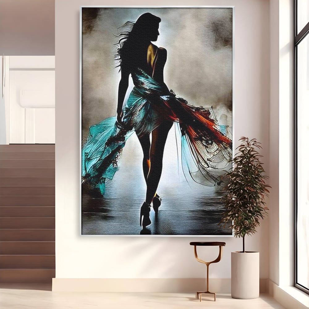 Tablou Canvas Premium, LuxCanva® G1205, Pasi peste Oglinda, Silueta, Pdium, Moda, Manechin, Oniric, Rochie, Voal, Fluiditate, Reflexii, Scenic, Pasi, Tocuri, Birou, Living, Dormitor